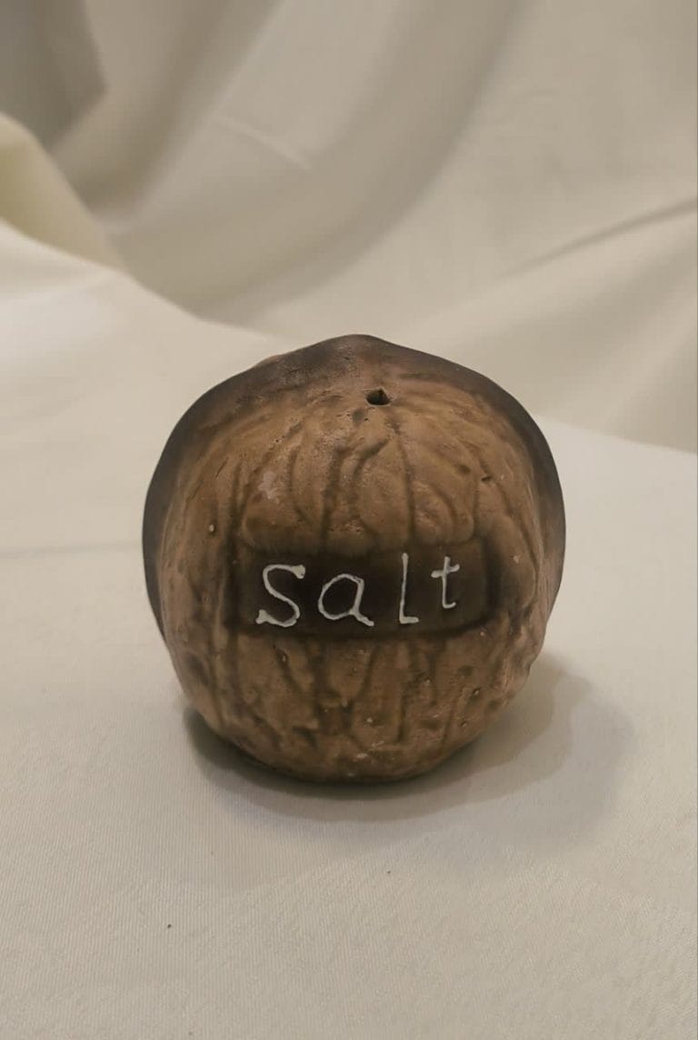 نمک‌پاش فانتزی قهوه‌ای طرح گردو با نوشته Salt روی پس‌زمینه سفید